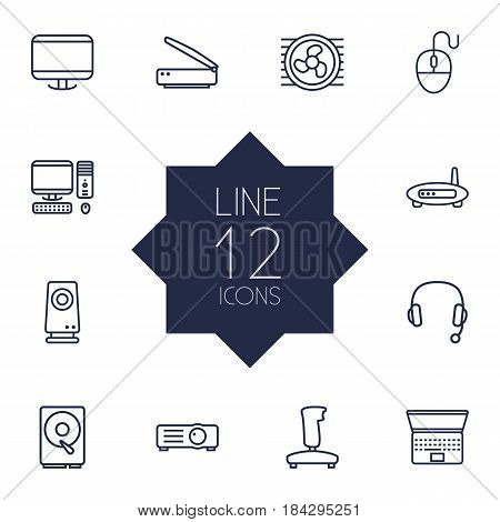 Set Of 12 Notebook Outline Icons Set.Collection Of Speaker, Laptop, PC And Other Elements.