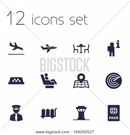 Set Of 12 Airplane Icons Set.Collection Of Letdown, Aircraft, Restaurant And Other Elements.