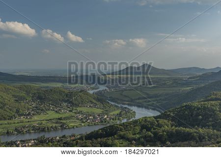 View from Skalky point over Labe river in spring cloudy day