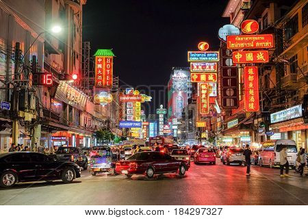 Bangkok-Thailand JAN 25 2017: Chinatown (Yaowarat Rd.) at night, Chinatown at night A tourist attraction and a Landmark for the world traveler. To come and taste to many foods.