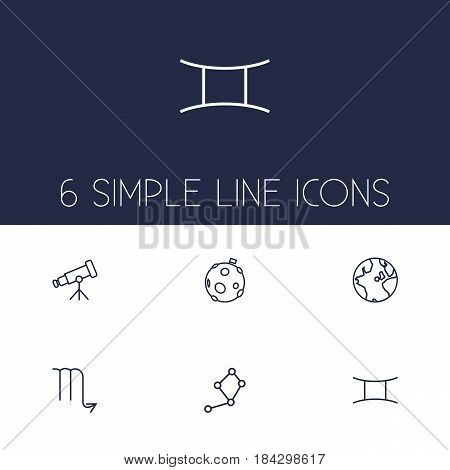 Set Of 6 Galaxy Outline Icons Set.Collection Of Globe, Constellation, Moon And Other Elements.