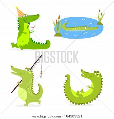 Cartoon green crocodile funny predator and australian wildlife river reptile carnivore alligator scales teeth flat vector illustration. Tropical africa safari zoo character crocodylus.