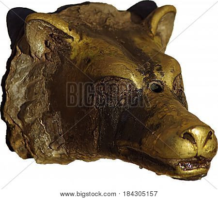 a brassy wolf head in a white background