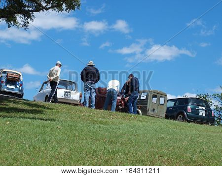 Dallas,USA,April 30th,2017. The annual All British and European Car Day was held at White Rock Lake. The show uses all of the Dreyfuss Club area to displays. A line up of the unusual had a crowd inspecting the little less noticeable aspecdts of the equipm