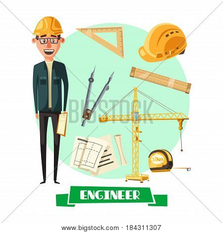Engineer profession cartoon icon. Architect or civil construction engineer in yellow hard hat with architectural drawing, rules, tape measure, compasses and tower crane. Construction industry design