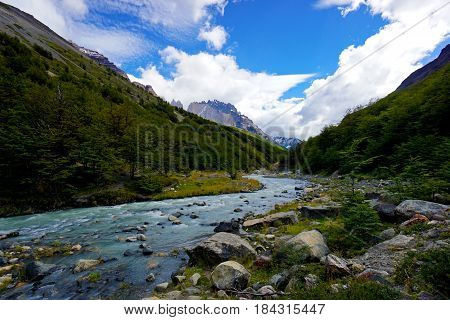 Wilderness landscape shot of river running through mountains, Patagonia, Chile