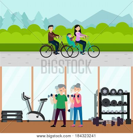 Flat active recreation horizontal banners with happy family riding bicycles and old people in gym vector illustration