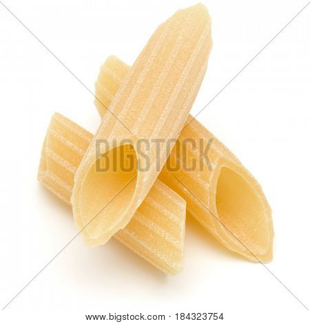 Italian pasta isolated on white background. Pennoni. Penne rigate.