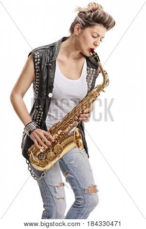 Punk girl playing a saxophone isolated on white background