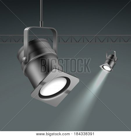 Vector ceiling illuminated spotlights close up side view isolated on dark grey background