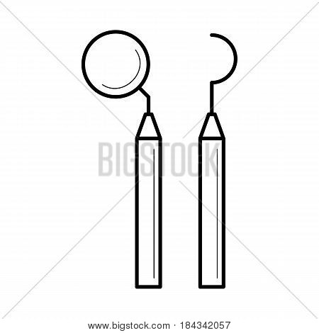 Dental mirror and explorer icon, sickle probe instrument, poster for medical cabinet, professional treatment image, stomatology pictogram, health concept. Vector illustration