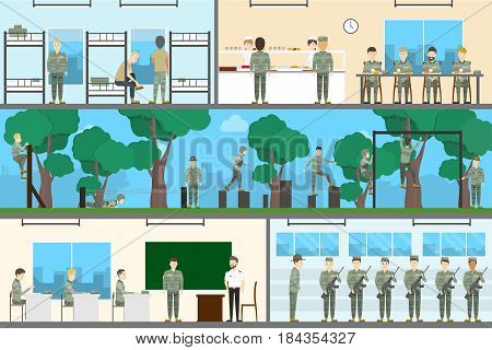 Army interior set. Soldiers with officers on military base with weapons. Stydy and training.
