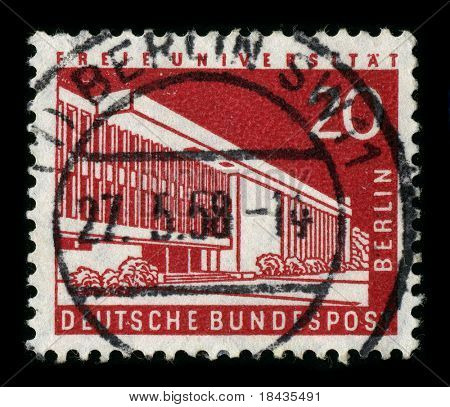 Tyskland-CIRCA 1958:A stempel trykt i Tyskland viser billede af Freie Universität Berlin er en af 