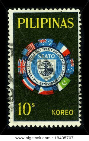 PHILIPPINAS-1964:A 년경 Philippinas에 인쇄 된 우표 동남 아시아 조약 오르간의 이미지를 보여줍니다