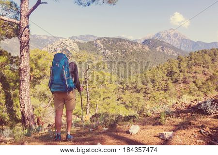 Hiking in famous Lycian Way in the Turkey. Backpacker in the trail.