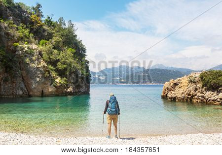 Hiking in famous Lycian Way in the Turkey. Backpacker in the trail.