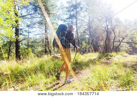 Hiking in famous Lycian Way in the Turkey. Backpacker in the trail.