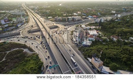 BANGKOK THAILAND - APRIL25 :aerial view of nakorn inn roundabout traffic junction in nonthaburi outskirt of krungthep on april 25 2017 in bangkok thailand