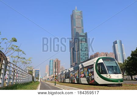 KAOHSIUNG TAIWAN - DECEMBER 15, 2016: Light Rail transit LRT train runs through downtown Kaohsiung.