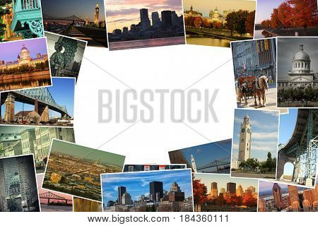 Collage of images from famous location in Montreal, Canada with copy space in the middle