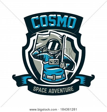 Emblem, logo, an astronaut salutes and holds a flag. Flight to the moon, space, intergalactic journey, universe, shield. Vector illustration, printing on T-shirts.