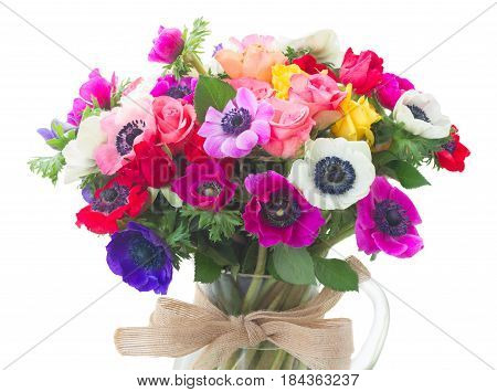 Fresh colorful Anemones flowers bouqet isolated on white background