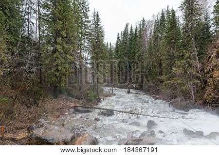 Mountain River. Strong Water Flow In The River From The Mountain. Bystry River.
