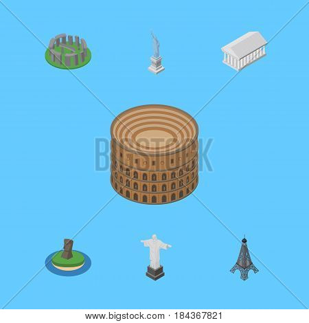 Isometric Attraction Set Of Paris, Coliseum, Rio And Other Vector Objects. Also Includes Christ, America, Paris Elements.