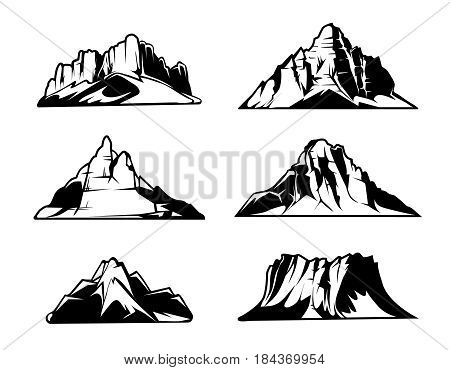Monochrome mountains vector silhouettes. Snowy mountain ranges. Outdoor design elements set. Mountain landscape monochrome, illustration of hill mountains rock