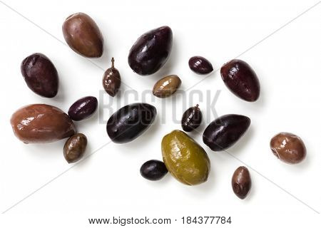 Olives isolated on white, top view.  Variety including black, green, wild.
