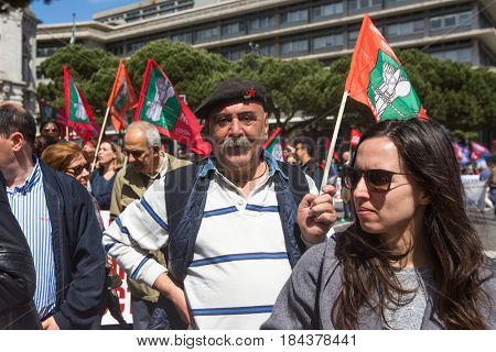 PORTO, PORTUGAL - MAY 1, 2017: During celebration of May Day in the city centre. General Confederation of Portuguese workers, traditionally associated with the Communist party, has 800.000 members.