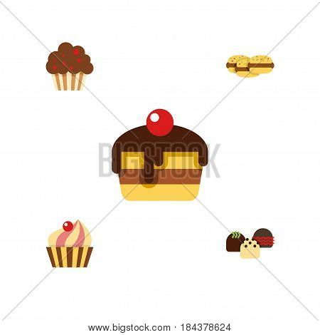 Flat Cake Set Of Dessert, Cake, Biscuit And Other Vector Objects. Also Includes Biscuit, Shortcake, Cake Elements.