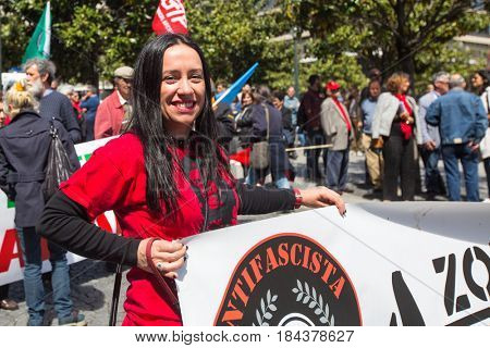 PORTO, PORTUGAL - MAY 1, 2017: During celebration of May Day in the city centre. General Confederation of Portuguese workers, traditionally associated with the Communist party, has 800.000 members.