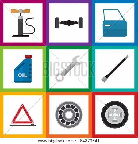 Flat Auto Set Of Wheel Pump, Warning, Pipeline And Other Vector Objects. Also Includes Pipeline, Coupler, Part Elements.