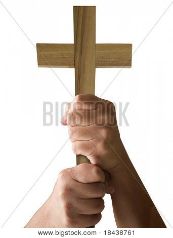 male hands holding up a wooden cross