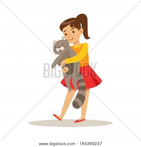 Cute girl holding a gray cat on her hands. Kid has fun playing and caring for his pet. Colorful cartoon character vector Illustration isolated on a white background