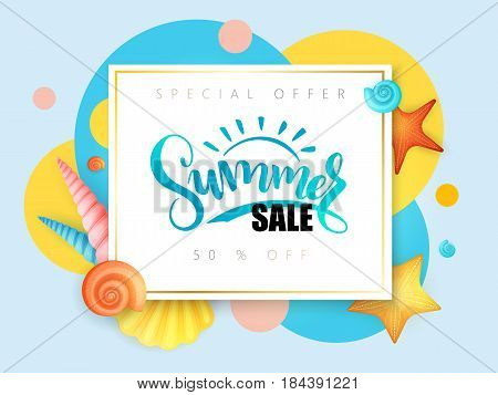 vector hand lettering summer sale text surrounded with detailed flat seashells and circles.