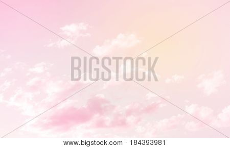 Fabulous background Sky with clouds. Beautiful Delicate Pink Wallpaper. Magical Backdrop with the artistic photo processing. Wonderful Horizontal Image with Gradient Filter. Pastel texture. Copy Space