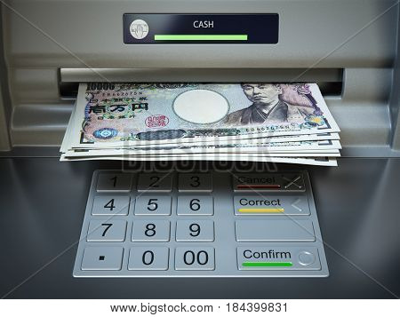 ATM machine and money. Withdrawing yen banknotes. 3d illustration
