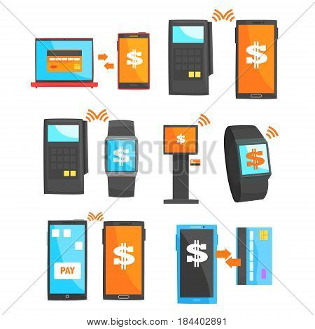 Mobile payment and other payment methods set for label design. Colorful cartoon detailed vector Illustrations isolated on white background