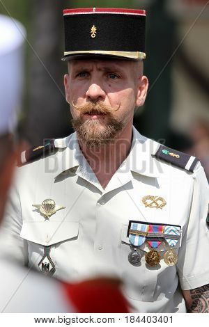 Paris France-July14 2011. Legionnaire of the French foreign legion in the ranks during the parade on the Champs-Elysees