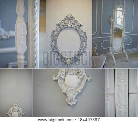Decorative molding ornaments on the gray wall. Classic decor. Retro