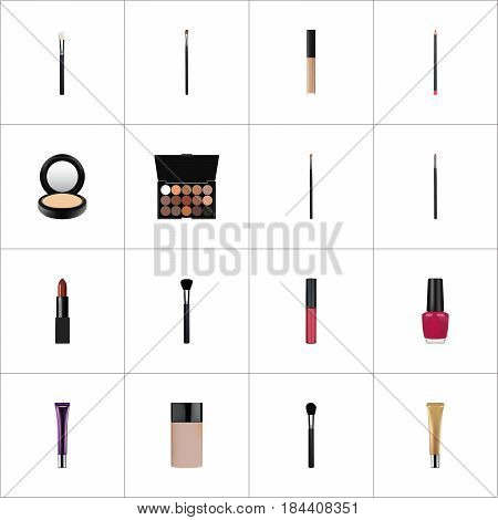 Realistic Beauty Accessory, Pomade, Liquid Lipstick And Other Vector Elements. Set Of Cosmetics Realistic Symbols Also Includes Cover, Blusher, Highlight Objects.