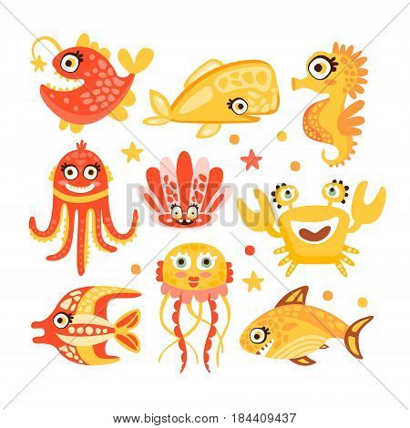 Cute cartoon sea creatures, marine life. Underwater world set of colorful characters vector Illustrations isolated on white background