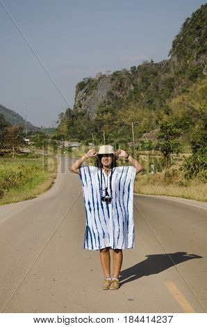 Thai Women People Travel And Posing On The Road Go To Suan Hin Pha Ngam Or Thailand's Kunming And Ph