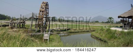 Thai Dam Cultural Village And Big Wooden Turbine Baler Water Wheel