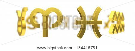 3d illustration of golden zodiac symbols with detph of field effect.