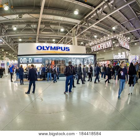 MOSCOW RUSSIA - APRIL 21 2017: Booth of Olympus company at PhotoForum 2017 trade show and exhibition in Moscow Russia on April 21 2017.