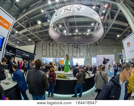 MOSCOW RUSSIA - APRIL 21 2017: Booth of Sony company at PhotoForum 2017 trade show and exhibition in Moscow Russia on April 21 2017.