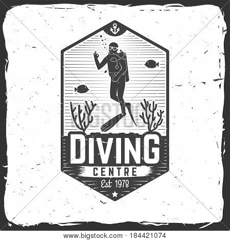 Diving centre. Vector illustration. Concept for shirt or logo, print, stamp or tee. Vintage typography design with diver silhouette.